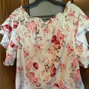 SHEIN White and Cream Flutter Sleeve Blouse